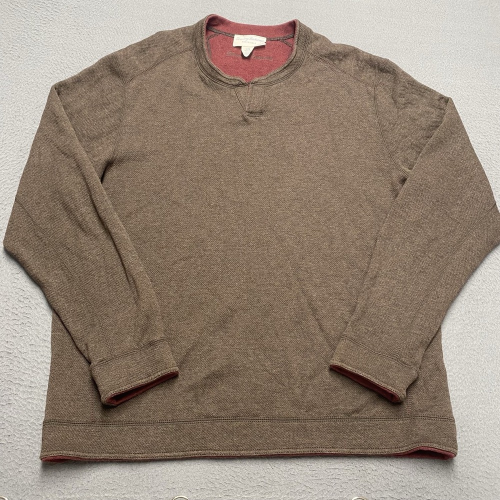Tommy Bahama Sweater Mens L Brown Reversible Waffle-Knit Crew Neck Pullover